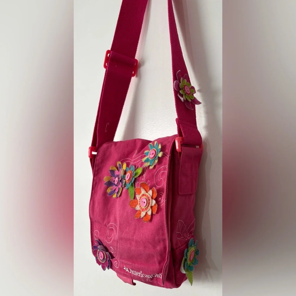 American Girl Pink Embroidered Cotton Canvas Fabric Crossbody Messenger Bag